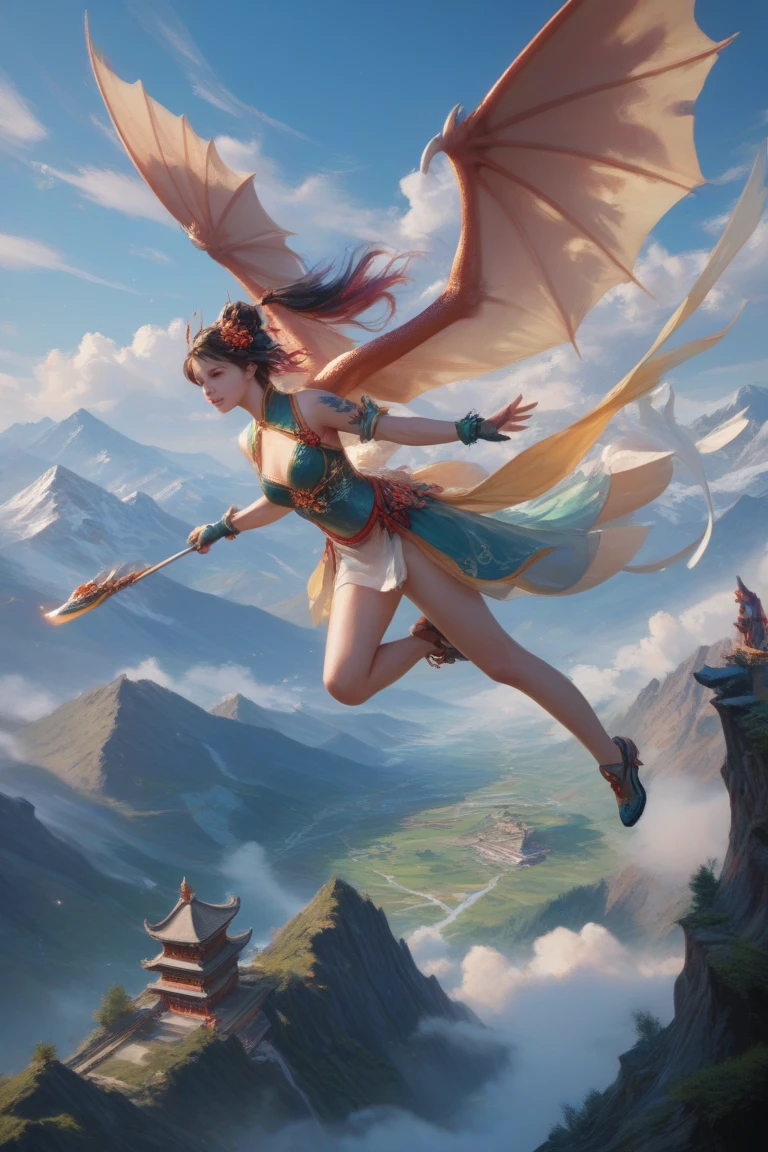 The flying statue is in the style of Dunhuang murals，A woman dances in the air，There is a vast scene in the center of the composition，Best shots，Chinese landscape painting style，High detail by artists Hajime Sorayama and Victo Ngai。(zh-CN)