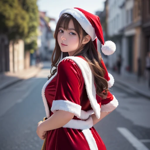 Masterpiece,  top quality,  ultra detail ,  illustration, One Girl ,  Watch Viewers ,  top quality, depth of field,( Closed Her Mouth , ogipote, blue eyes:1.1), beautiful detailed light  , ( Santa costume:1.3),( turn hands to back :1.3),( turn your arms around your back :1.3),Flaming (arknights),   