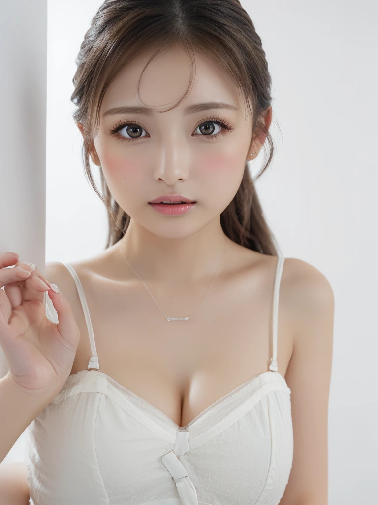    Beautiful breasts,(Neat,      elegant  :1.4),,(adult,1.4),(   Clear Eyes :1.4),(      very cute:1.2),(    small breasts:1.2),      Natural Cosmetics  ,    I'm angry  ,     wide shot,(Highly detailed debtace and skin texture:1.4),(Alone:1.3),    top quality   ,masterpiece,   Ultra-fine ,(  realistic:1.3),(  8K ultra HD,   RAW photos:1.2),35mm Lens, debt/1,(   detailed eyes :1.2),   double eyelid ,(      White Background   : 1.3) ,(   upright position ,debtull body:1.4、White clothes、 Intermediate Shooting   、(((Put your right hand on your chest 1.85)))、(((young、、    girl  )))、       I'm playing Ponytail Hair 、(((Clear 1 .5、 ピュア1.5。On all fours 1.5)))、