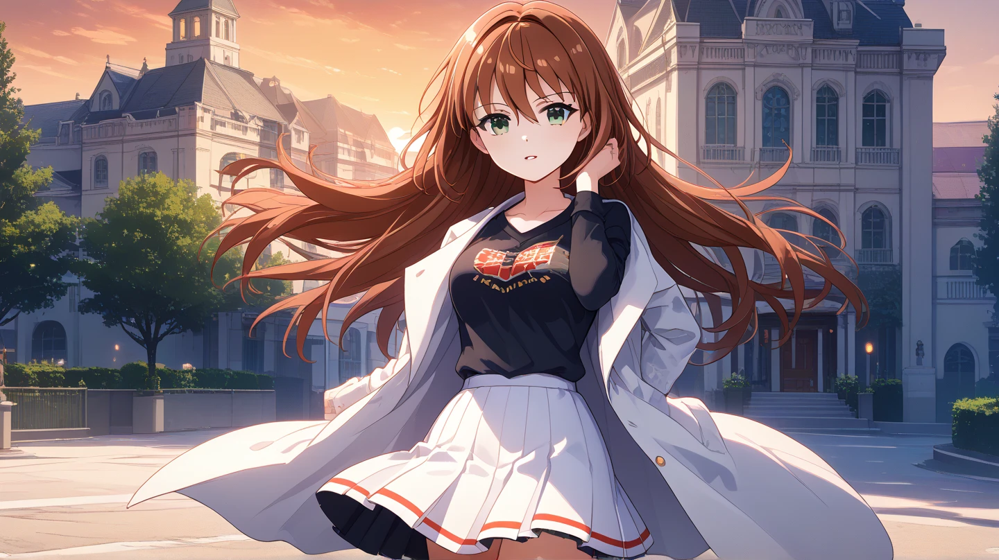 (masterpiece, best quality), highly detailed background, perfect lighting, best quality, batogamisaki, solo, looking at viewer, blush, parted lips, brown hair, hair between eyes, straight hair, very long hair, green eyes, medium breasts, white coat, long sleeves, open coat, black shirt, t-shirt, print shirt, white skirt, pleated skirt, walking, outdoors, school building, sunset