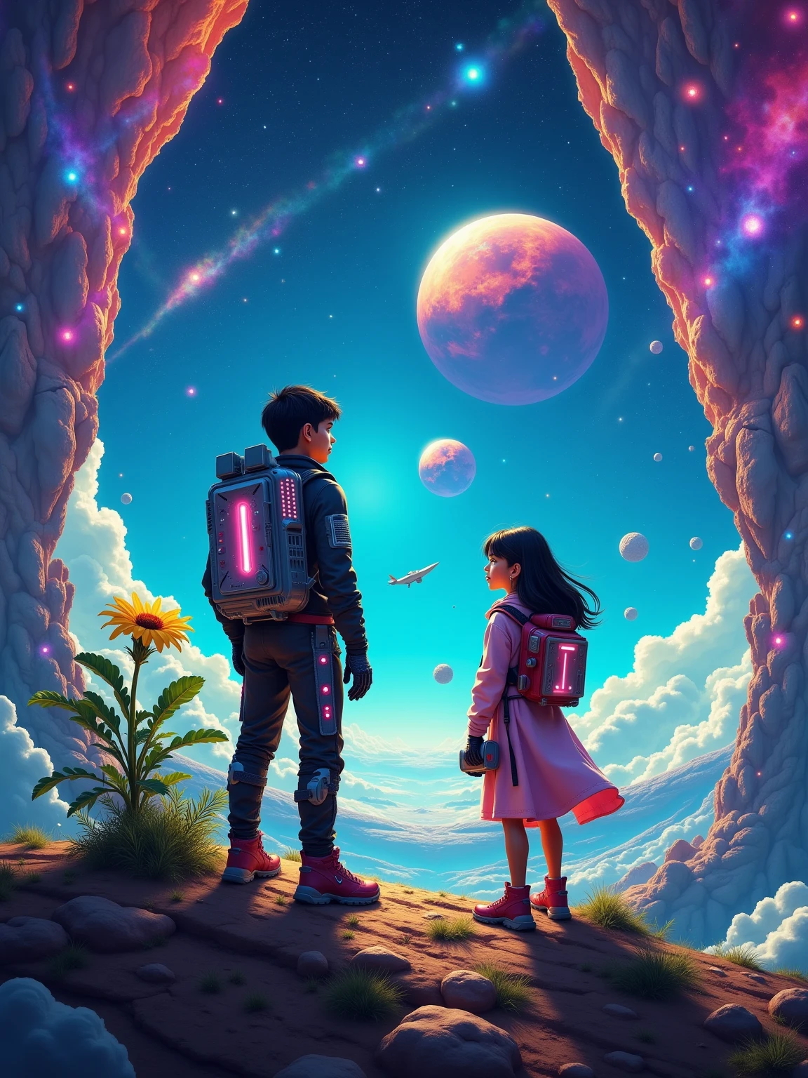 Envision a cyberpunk future where a South Asian boy and a Middle-Eastern girl have become brave space travelers. These young explorers wear high-tech suits with intricate circuitry designs glowing in neon colors. They stand together on an uncharted alien planet, it's landscape jarringly beautiful with towering crystalline structures against the backdrop of a colorful nebula-filled sky. The boy is scanning the horizon with a futuristic gadget in hand while the girl examines a strange plant with illuminating leaves, a sign of the planet's exotic biosphere. Their space vessel, a sleek construction of metal and lights, sits parked in the distance behind them