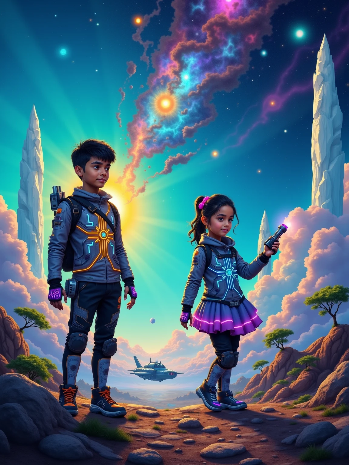 Envision a cyberpunk future where a South Asian boy and a Middle-Eastern girl have become brave space travelers. These young explorers wear high-tech suits with intricate circuitry designs glowing in neon colors. They stand together on an uncharted alien planet, it's landscape jarringly beautiful with towering crystalline structures against the backdrop of a colorful nebula-filled sky. The boy is scanning the horizon with a futuristic gadget in hand while the girl examines a strange plant with illuminating leaves, a sign of the planet's exotic biosphere. Their space vessel, a sleek construction of metal and lights, sits parked in the distance behind them