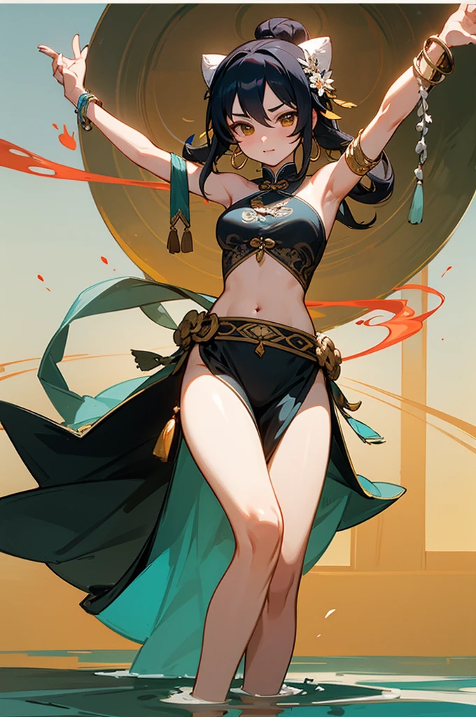 An ancient Chinese beauty stands and dances on the water, gorgeous costumes embroidered with intricate embroidery, flowing tulle, long colorful ribbons tied on the arms, inspired by Dunhuang Flying Apsaras murals, showing navel, bare shoulders, bare neck, Black curly hair in a high bun with flower hairpins, ribbons on arm rings, wreaths, bracelets, anklets, metal chain tassels on the waist, Mogao Grottoes art, ink painting, cgstation pop
