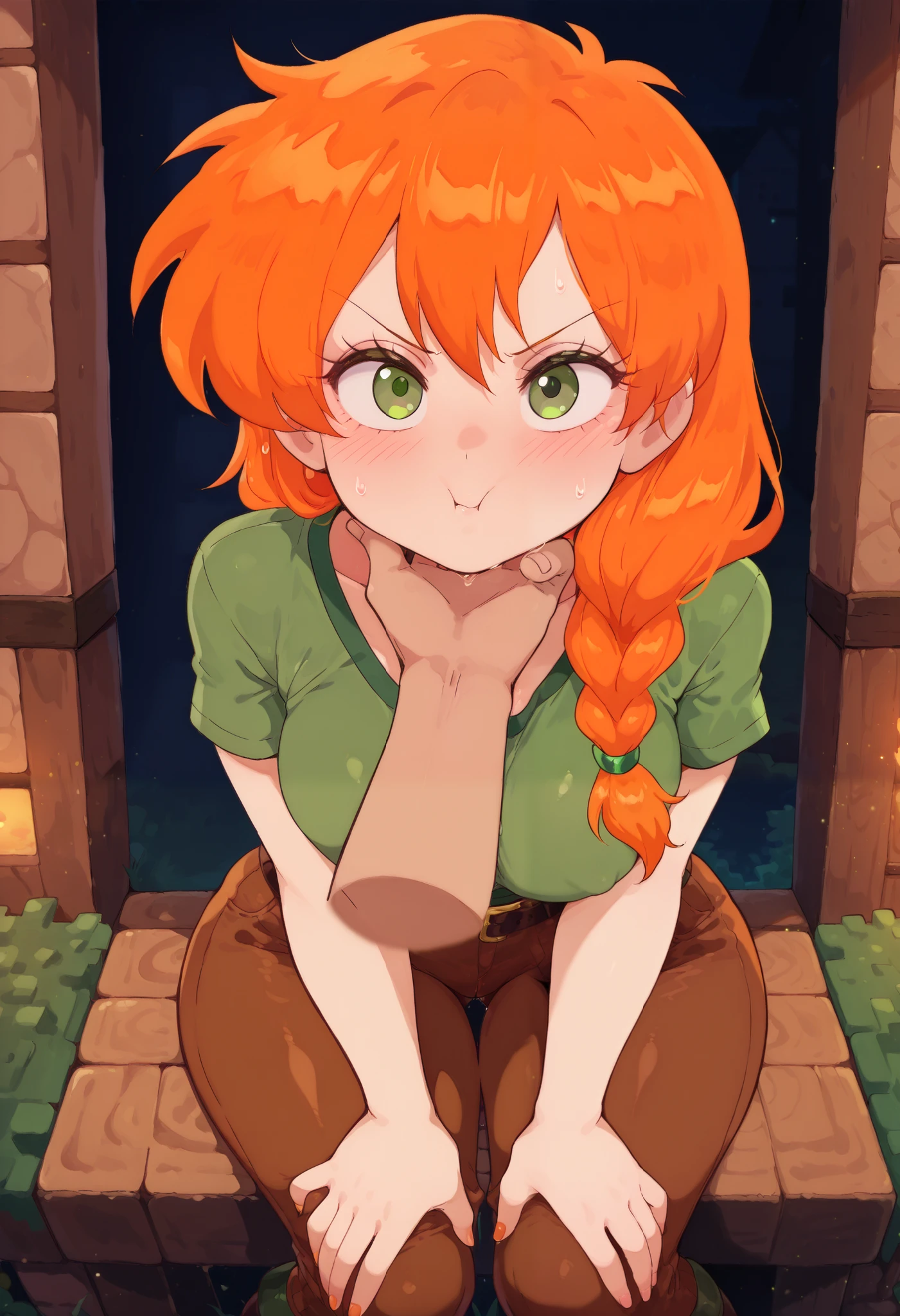 score_9, score_8_up, score_7_up, score_6_up, Bl3th3bn3_Styl3_SKNSFW, masterpiece, best quality, 1girl, Alex Minecraft Green eyes, Orange hair, Green T-shirt, Brown pants, boots, Green eyes, Orange hair, in wood house, solo, pov, gr4bch1n, grabbing anothers chin, hand on another's chin