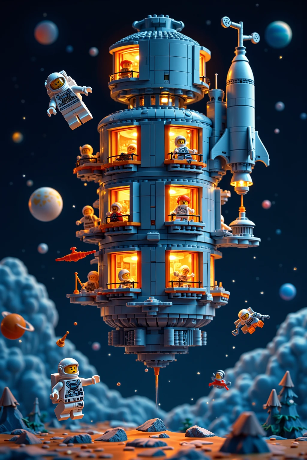 A cylindrical space colony made of LEGO blocks, floating in space, with a rocket nearby. An astronaut in a space suit is floating in the foreground, surrounded by stars and planets, vibrant colors, highly detailed, whimsical style.