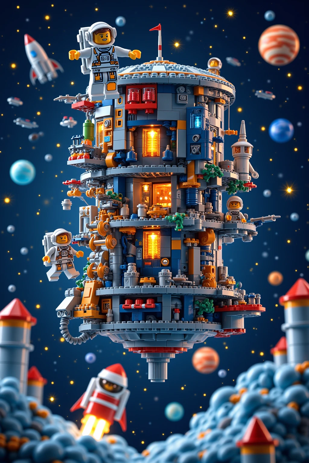 A cylindrical space colony made of LEGO blocks, floating in space, with a rocket nearby. An astronaut in a space suit is floating in the foreground, surrounded by stars and planets, vibrant colors, highly detailed, whimsical style.