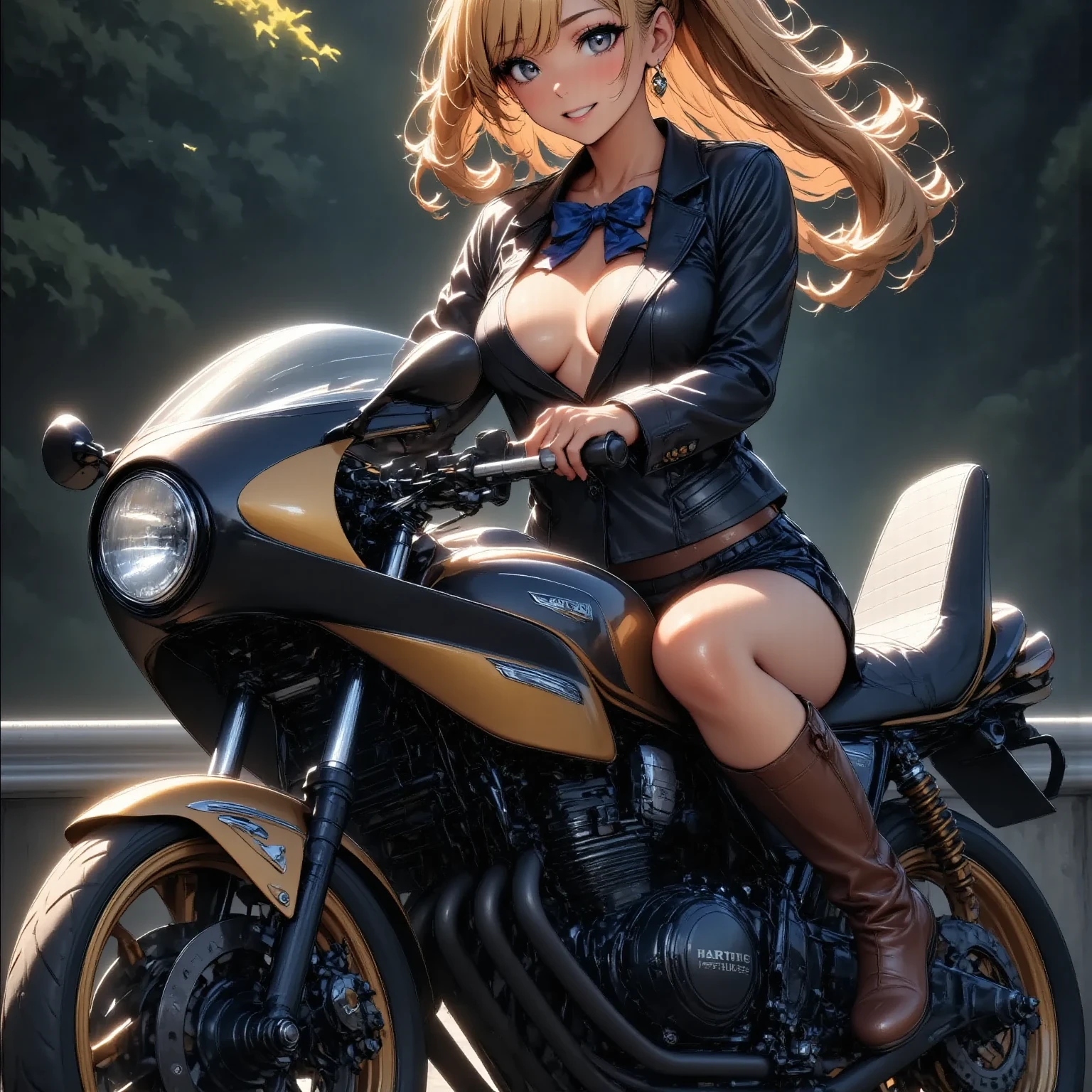 A Beautiful Woman on a Motorcycle  +Glossy Brown Skin  +Long Slim Leather Boots  + coat of slim leather embroidered in Chinese characters  +Perfect face. 、 top quality,  wolf cut,  movie light effect, 