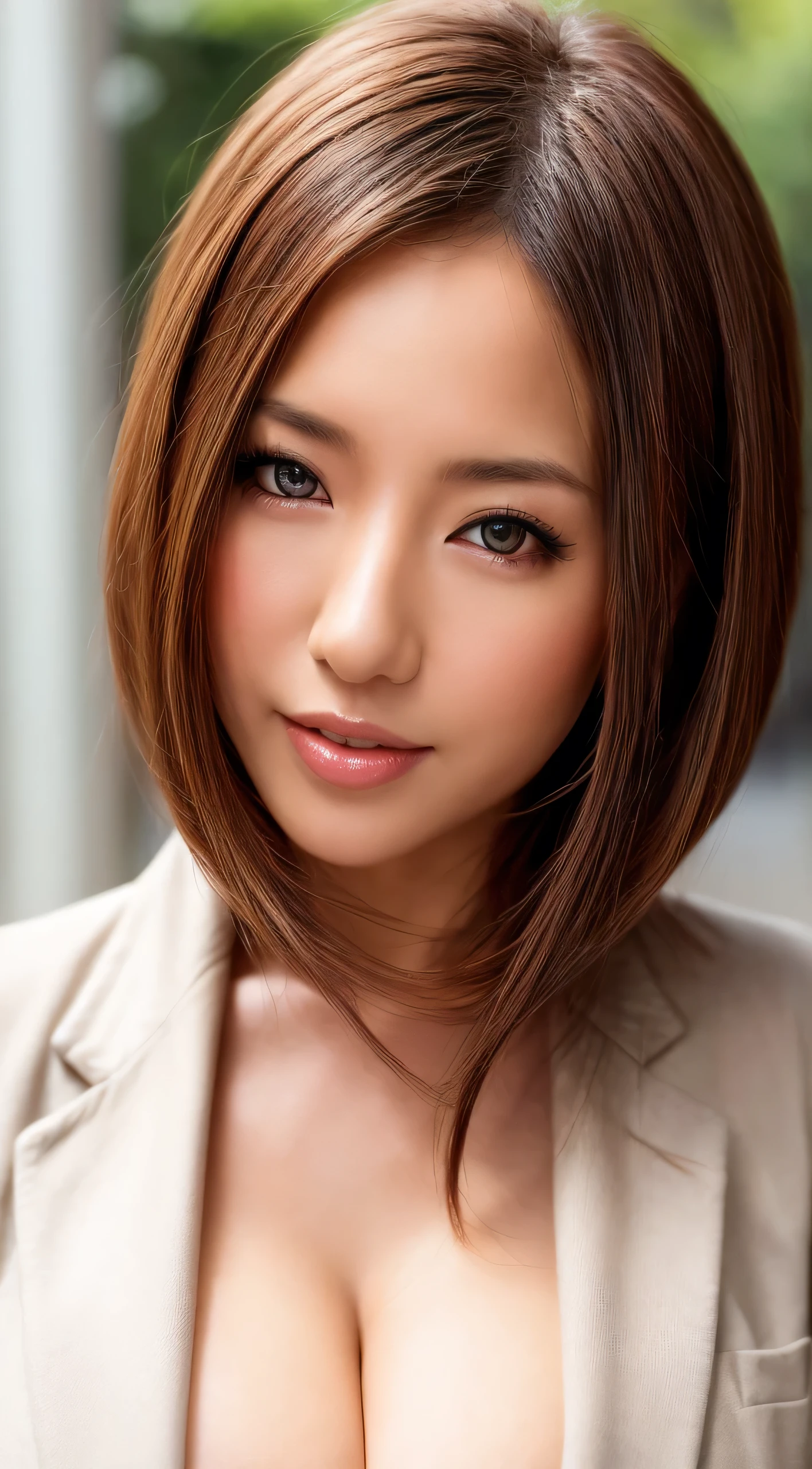 1 lady, solo, japanese, best quality, ultra high res, raw photo, (photorealistic:1.4), masterpiece, detailed face, detailed skin, glossy skin, (beige formal coat:1.1), (gigantic breasts:1.1), brown hair, bob cut, forehead, smile, looking at viewer, front view, against white wall, outdoor,