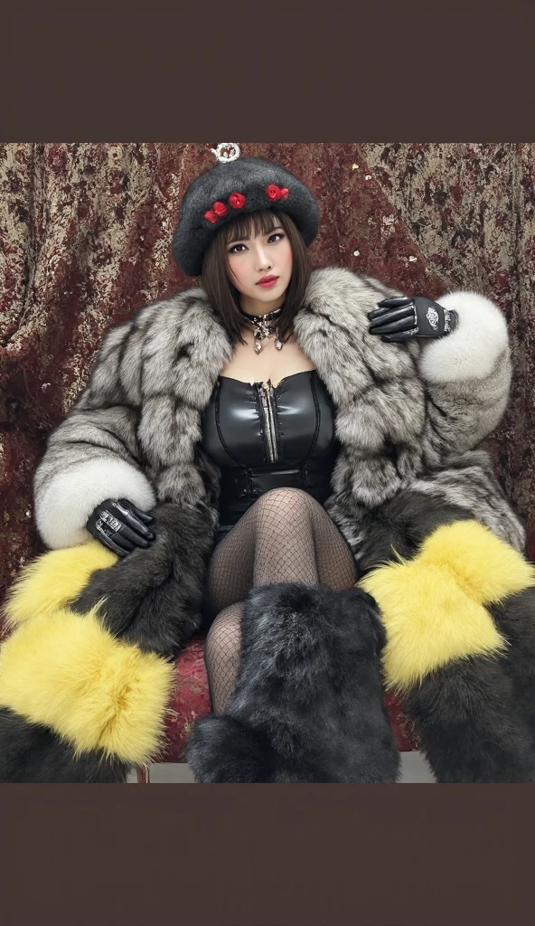 Beautiful chinese woman, wearin a silver fur coat, sit on the fur couch, wearing fur tiara, leg wraped with silver fur stole