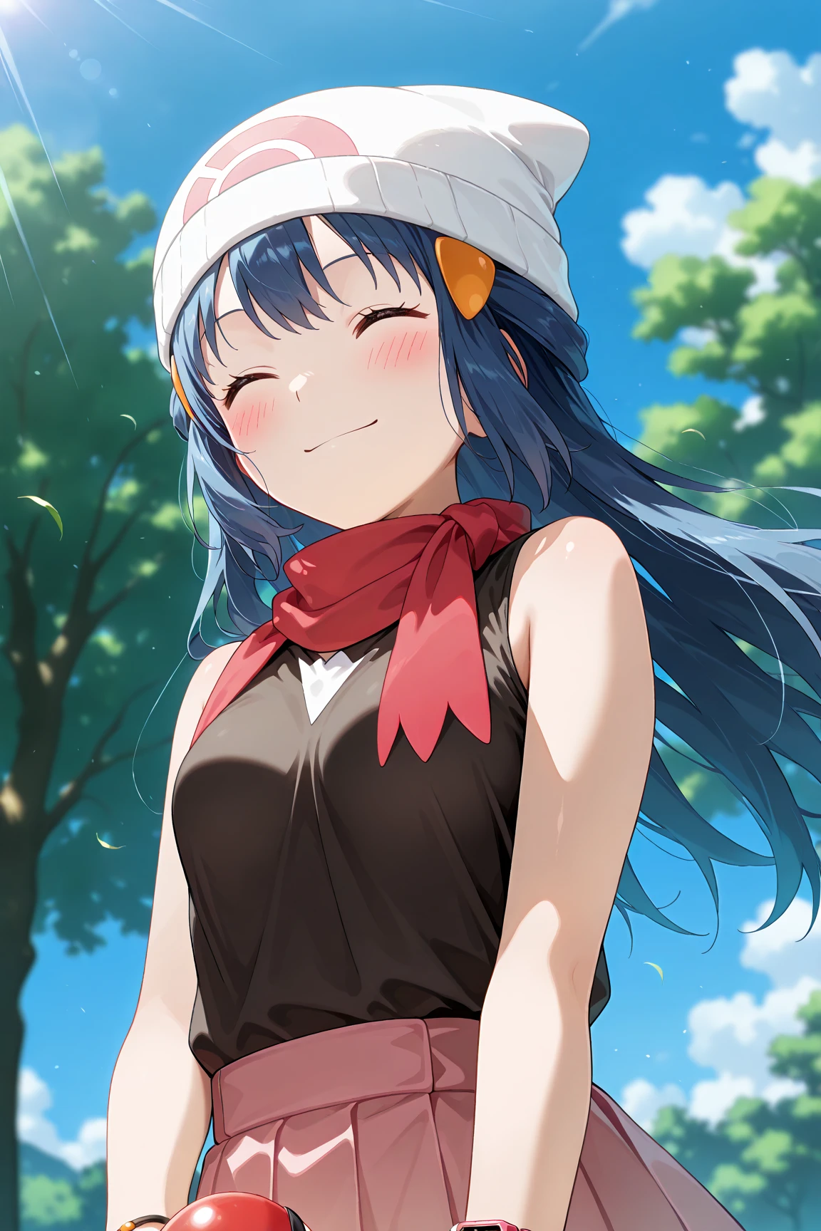 score_9, score_8_up, score_7_up, score_6_up, score_5_up, score_4_up, source_anime, aadawn, long hair, blue hair, beanie, white headwear, hair ornament, blue eyes, breasts, red scarf, sleeveless shirt, black shirt, wristwatch, bracelet, pink skirt, standing, outdoors, filed, flower, tree, holding poke ball, smile,

(realistic skin0.8),
Shiny, skin,

(blush:1.4), smile,
cinematic, dramatic, (blurry background:1.4), depth of field, 
1girl, solo, joyful, smile, dynamic pose, dynamic angle, from below, 
outdoors, nature,
(upper body:1.5),
(focus on face:1.2),
(closed-up shot:1.3),
sunny,
blue sky,
cloud,
sunlight,
wind,
looking away,