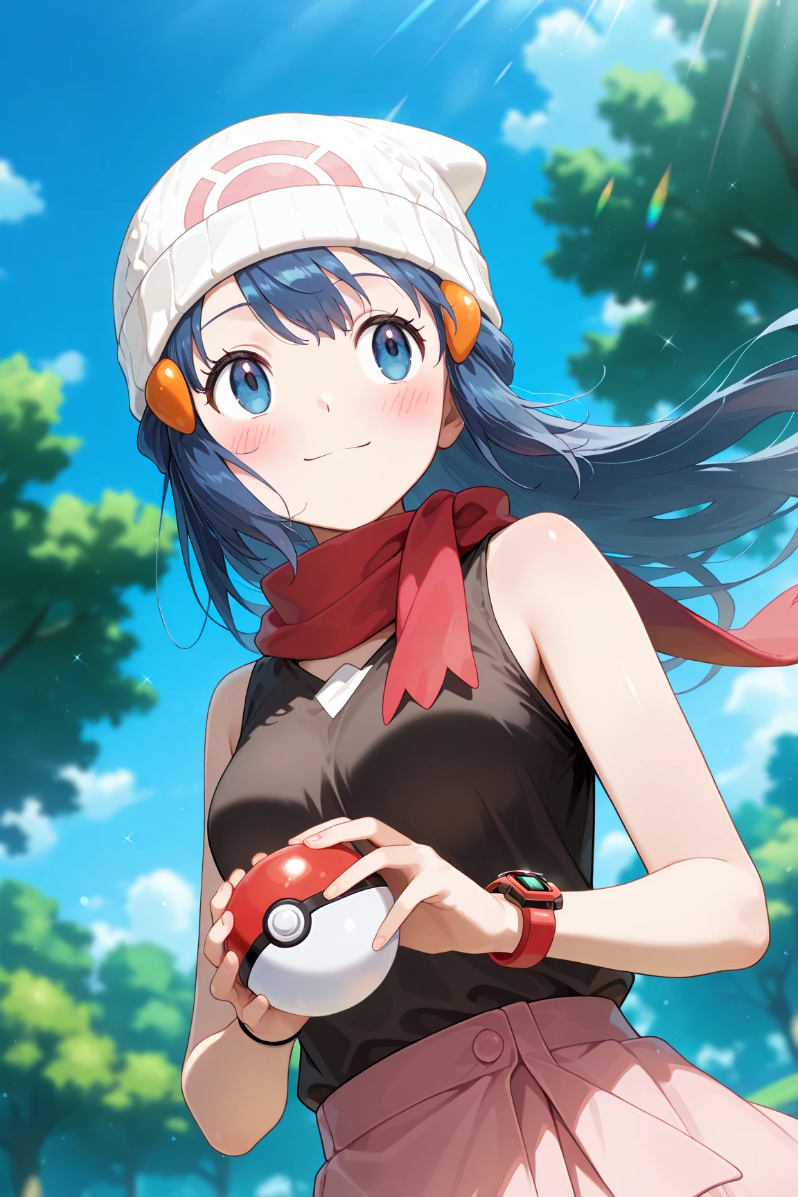 score_9, score_8_up, score_7_up, score_6_up, score_5_up, score_4_up, source_anime, aadawn, long hair, blue hair, beanie, white headwear, hair ornament, blue eyes, breasts, red scarf, sleeveless shirt, black shirt, wristwatch, bracelet, pink skirt, standing, outdoors, filed, flower, tree, holding poke ball, smile,

(realistic skin0.8),
Shiny, skin,

(blush:1.4), smile,
cinematic, dramatic, (blurry background:1.4), depth of field, 
1girl, solo, joyful, smile, dynamic pose, dynamic angle, from below, 
outdoors, nature,
(upper body:1.5),
(focus on face:1.2),
(closed-up shot:1.3),
sunny,
blue sky,
cloud,
sunlight,
wind,
looking away,