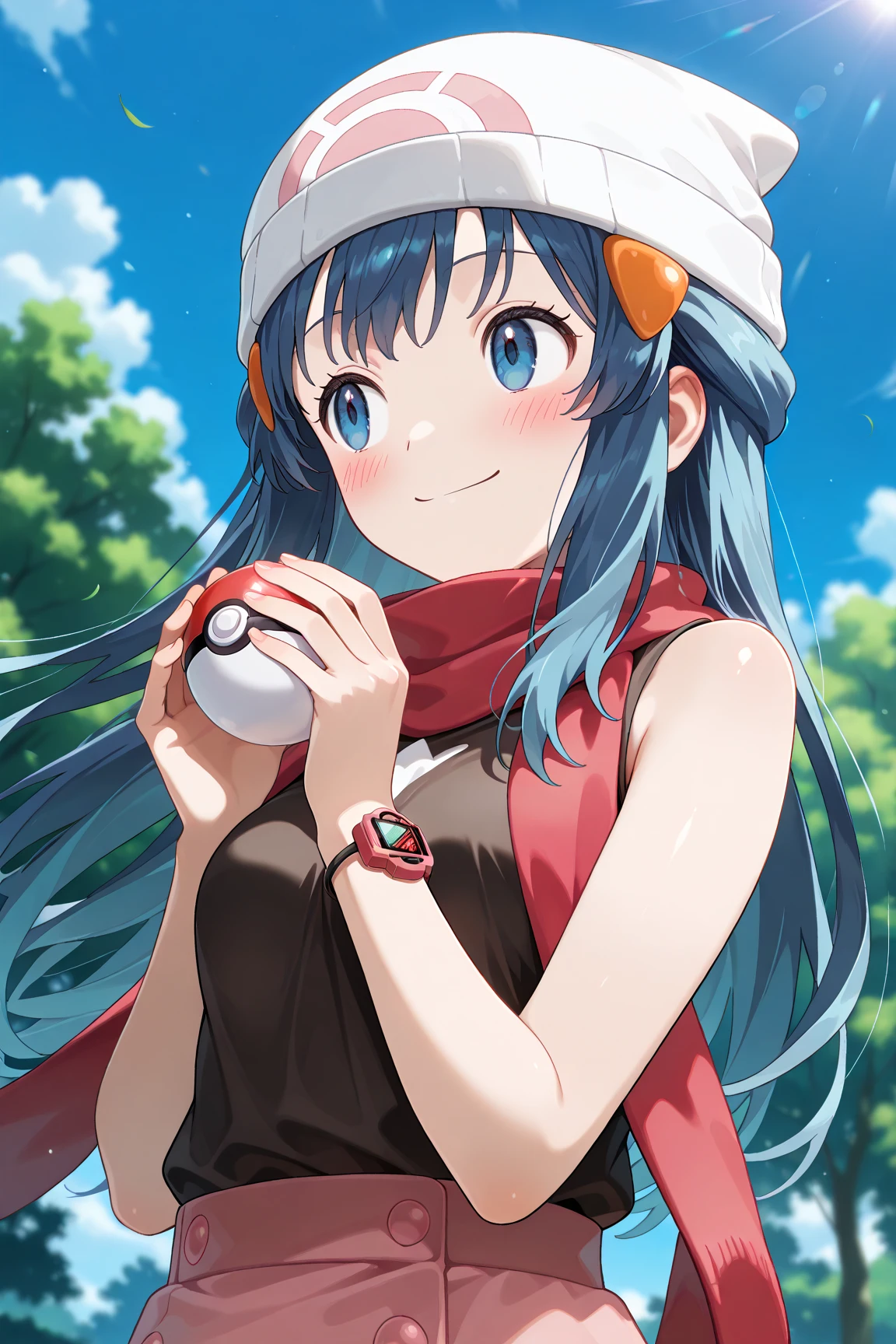 score_9, score_8_up, score_7_up, score_6_up, score_5_up, score_4_up, source_anime, aadawn, long hair, blue hair, beanie, white headwear, hair ornament, blue eyes, breasts, red scarf, sleeveless shirt, black shirt, wristwatch, bracelet, pink skirt, standing, outdoors, filed, flower, tree, holding poke ball, smile,

(realistic skin0.8),
Shiny, skin,

(blush:1.4), smile,
cinematic, dramatic, (blurry background:1.4), depth of field, 
1girl, solo, joyful, smile, dynamic pose, dynamic angle, from below, 
outdoors, nature,
(upper body:1.5),
(focus on face:1.2),
(closed-up shot:1.3),
sunny,
blue sky,
cloud,
sunlight,
wind,
looking away,