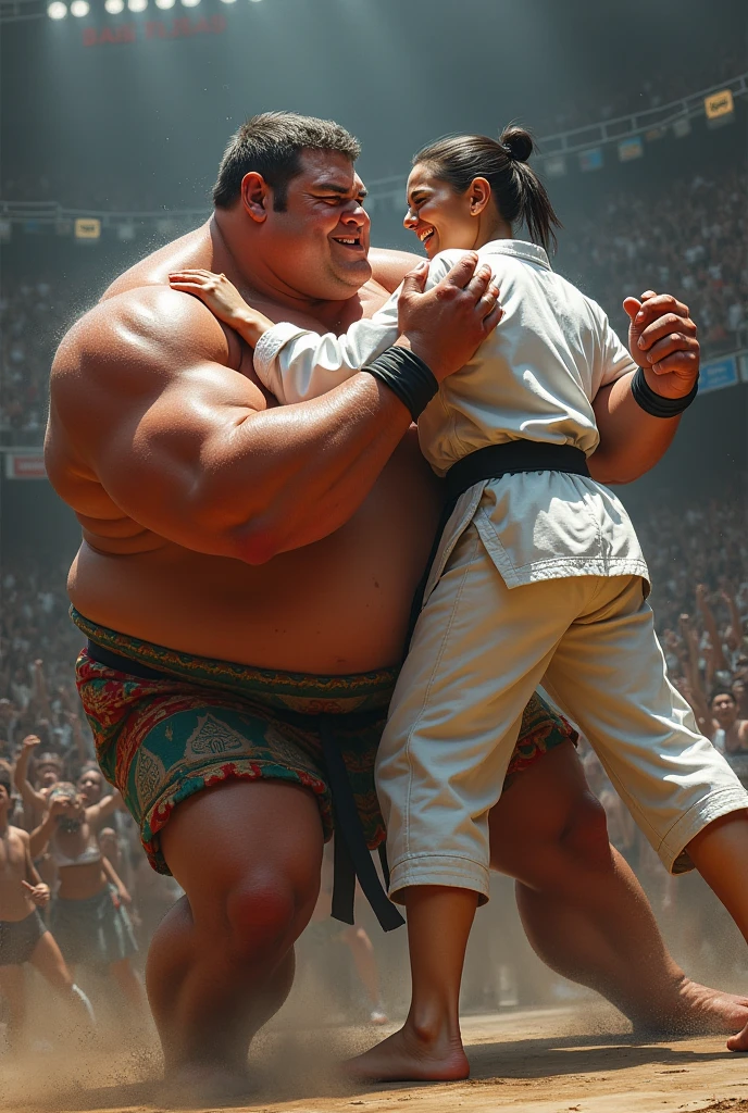 Generate a image where Einstein and the great khali doing wrestling