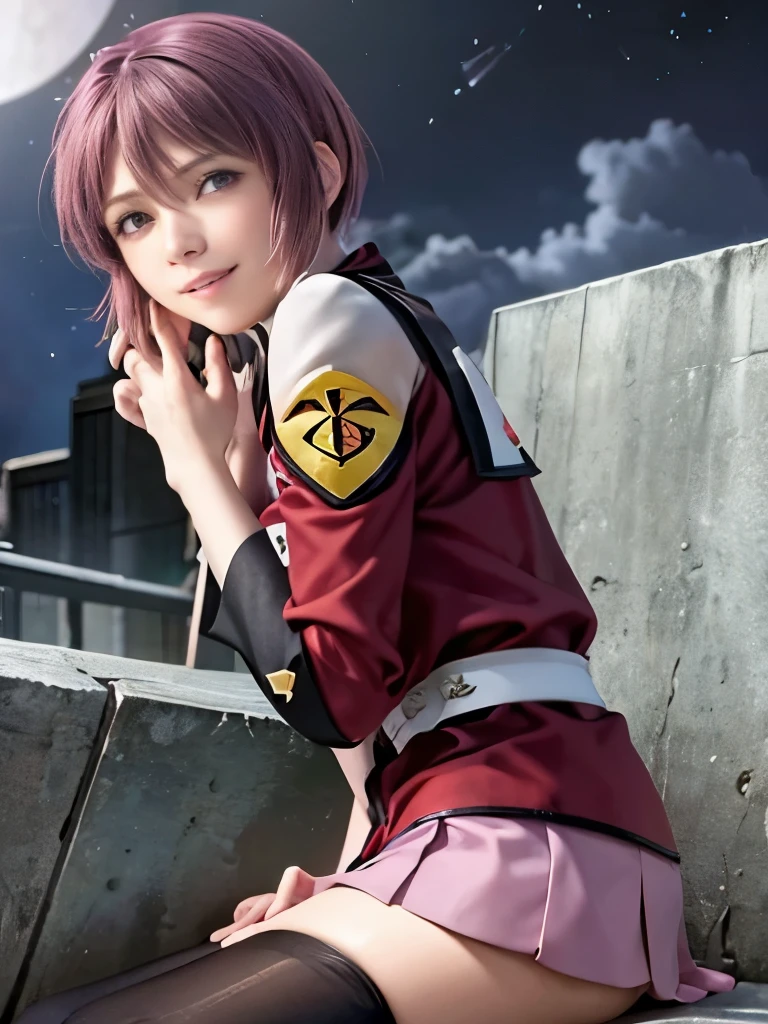 top quality、Realistic、 Luna Maria Hawke 、 purple short-haired woman ( soft and fluffy 、 smile)、 red and white military uniform( miniskirt、 black knee-highs)、 、Rocky Night