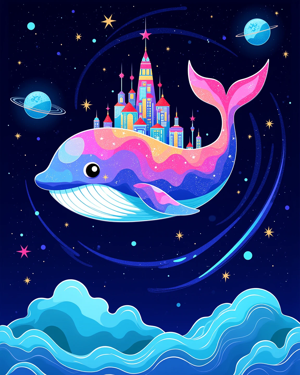 Scratchboard, there is a cartoon whale-shaped space colony that is floating in the universe, A magical whale in space with a city on its back, galaxy whale, super cute, Fascinating colorful universe,  in style of cyril rolando, cyril rolando and goro fujita, Scratch Art, dreamy illustration, sparkle, Iridescent glow. 
2d, Juaner_illustration