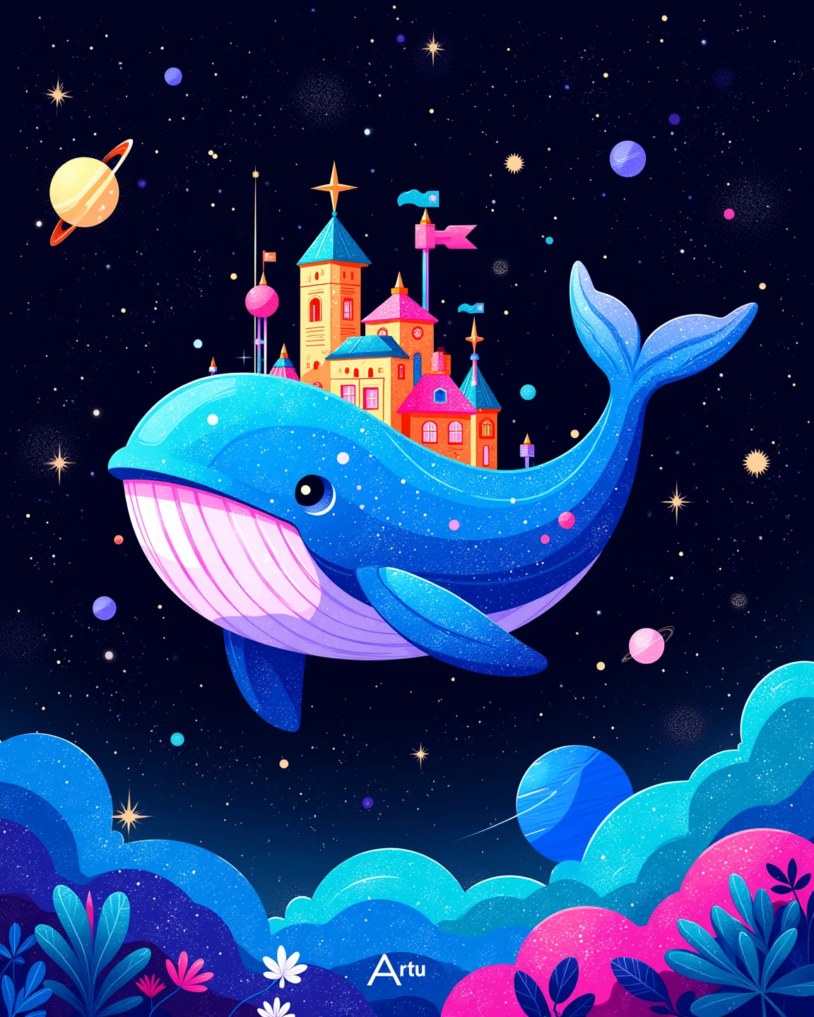 Scratchboard, there is a cartoon whale-shaped space colony that is floating in the universe, A magical whale in space with a city on its back, galaxy whale, super cute, Fascinating colorful universe,  in style of cyril rolando, cyril rolando and goro fujita, Scratch Art, dreamy illustration, sparkle, Iridescent glow. 
2d, Juaner_illustration