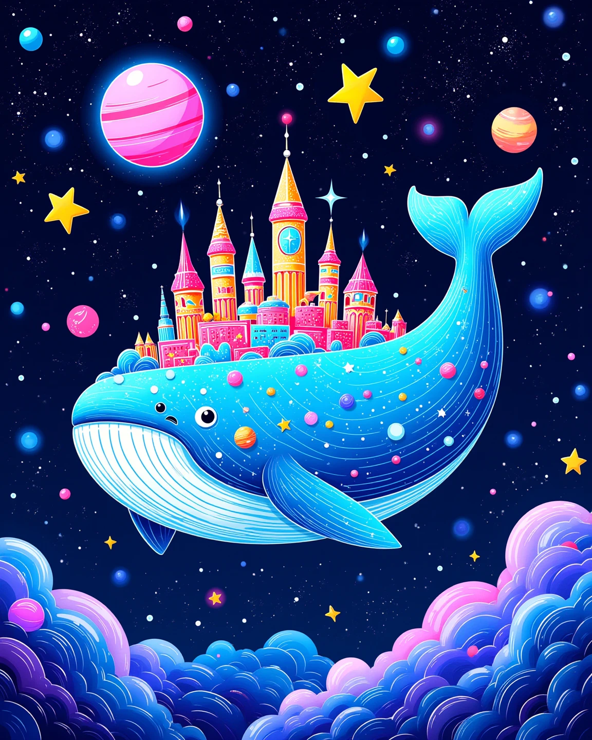 Scratchboard, there is a cartoon whale-shaped space colony that is floating in the universe, A magical whale in space with a city on its back, galaxy whale, super cute, Fascinating colorful universe,  in style of cyril rolando, cyril rolando and goro fujita, Scratch Art, dreamy illustration, sparkle, Iridescent glow. 
2d, Juaner_illustration