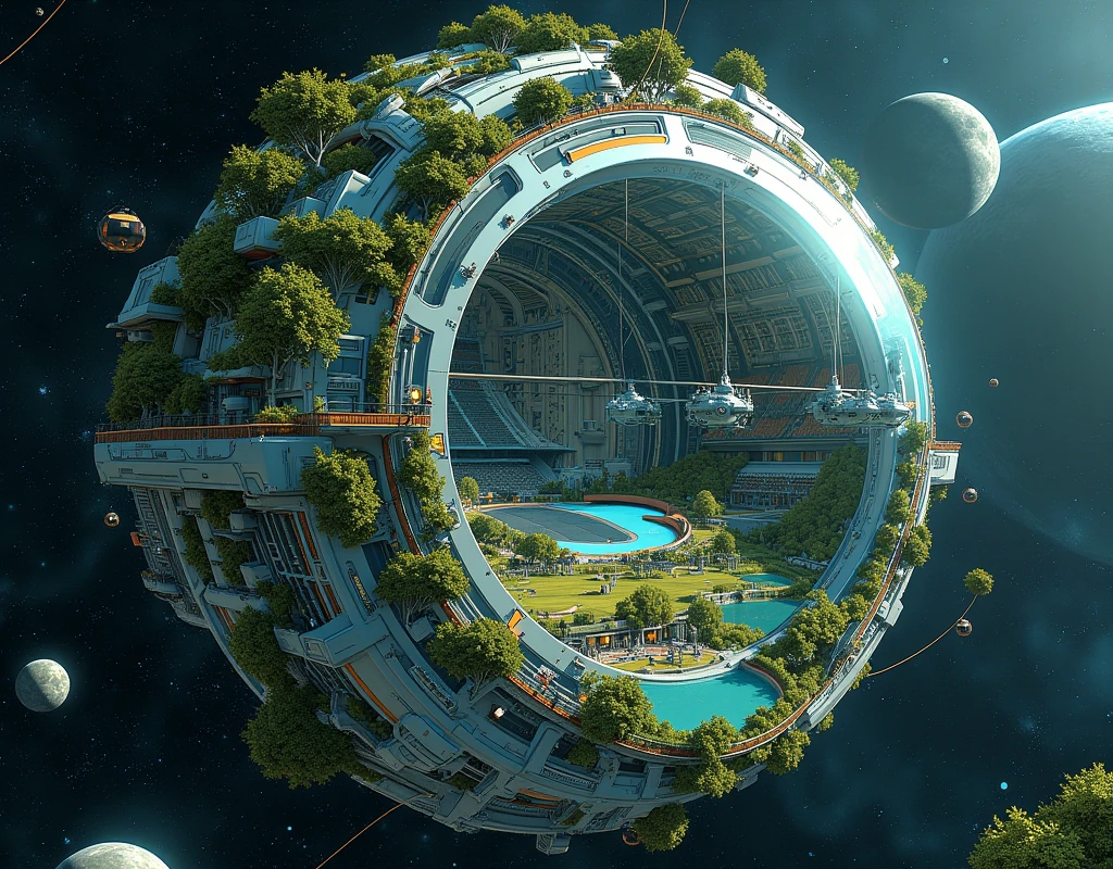 A breathtaking view of a futuristic space colony, designed as a massive globalize structure floating in the cosmos. The interior of the platform reveals a meticulously planned colony with lush green areas, shimmering lakes with sport stadium, and agricultural zones. (small vehicles floating:2.4), emphasizing the scale and grandeur of the structure, with high dynamic range to balance the bright interior with the dark vacuum of space. backdrop: long distance is earth