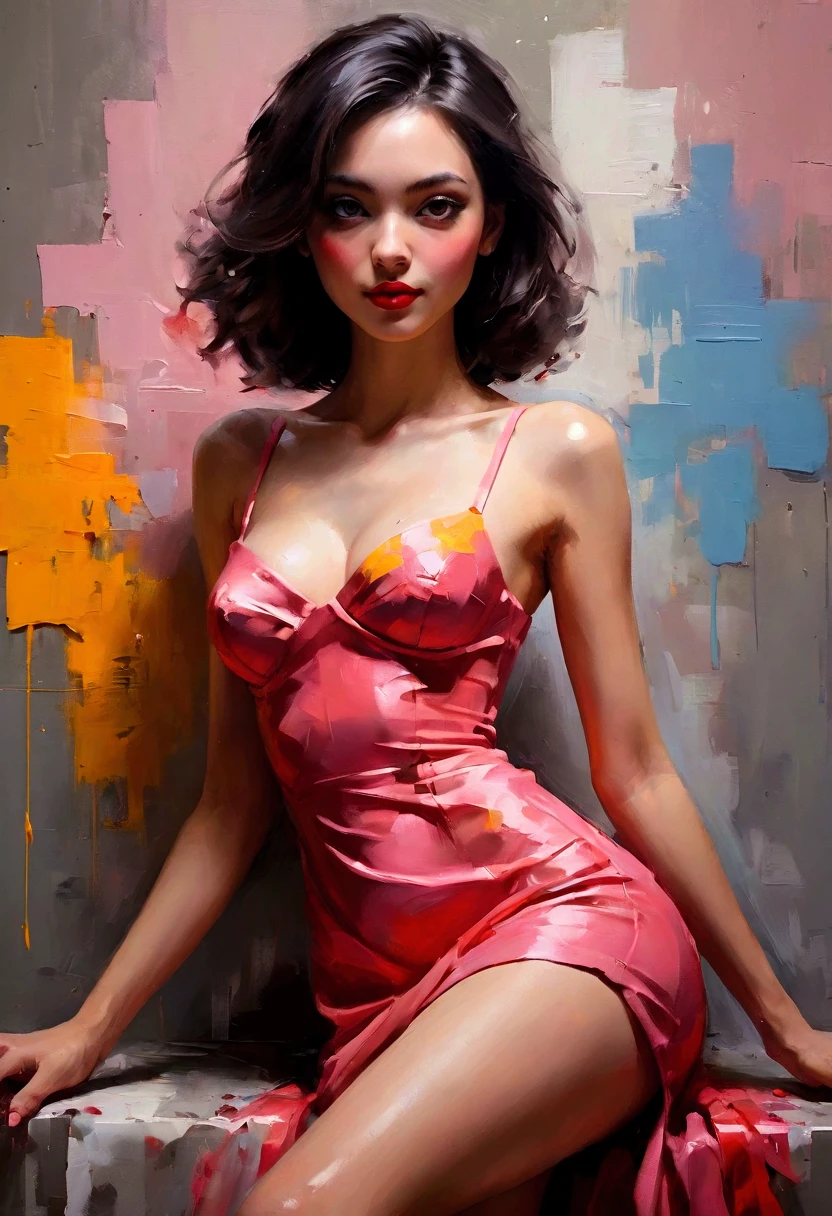 Create a contemporary portrait of a pink gown dress
((whole body), Practical, Fashion Girl, Red lips, Cute
woman, cosmetic, big eyes, beautiful eyes, (whole
body), (From below), (best quality, masterpiece:1.2),
Very detailed, (Practical:1 .37), (Sexy long legs),
beautiful, Young and energetic, Charming model, Large
Breasts, Clive Arch, (Exquisite eyes, Delicate lips,
extremely Exquisite eyes), Show a bright smile, Create
stunning girl images, warm color, Very high color
saturation, Official Art,(High Dynamic Range :1.4),
(Movie),
(Soft colors, Dull Color, Soothing tone :1.3), (Natural
skin texture, ultra-Practical, Soft Light, sharp),(Very
detailed), in the
expressive and painterly style of Malcolm Liepke,
utilizing a palette of light pink, yellow and red,
light grayish blue. Dynamic
brushstrokes and a focus on capturina the depth. The
painting style is expressive a
nd dynamic, showcasing bold brush strokes and a rich color palette.