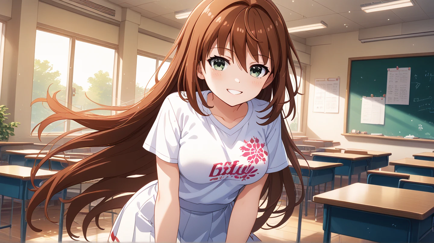 (masterpiece, best quality), highly detailed background, perfect lighting, best quality, batogamisaki, solo, looking_at_viewer, blush, smile, brown hair, hair between eyes, straight hair, very long hair, green eyes, medium breasts, black shirt, t-shirt, print shirt, short sleeves, white skirt, pleated skirt, indoors, standing, v arms, classroom, sunset