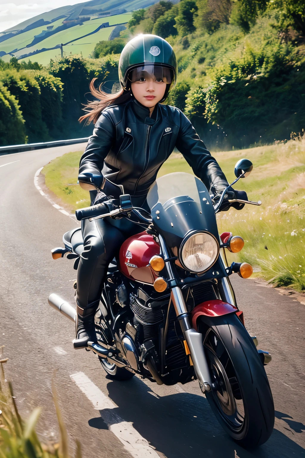 (A young female rider speeds along on a motorcycle)、Vintage Bikes、Bluff Superior SS100、Isle of Man Races、Leather jumper、Cromwell helmet with goggles、After the Rain、English countryside、(Highest quality, masterpiece, High resolution)、8k、wallpaper