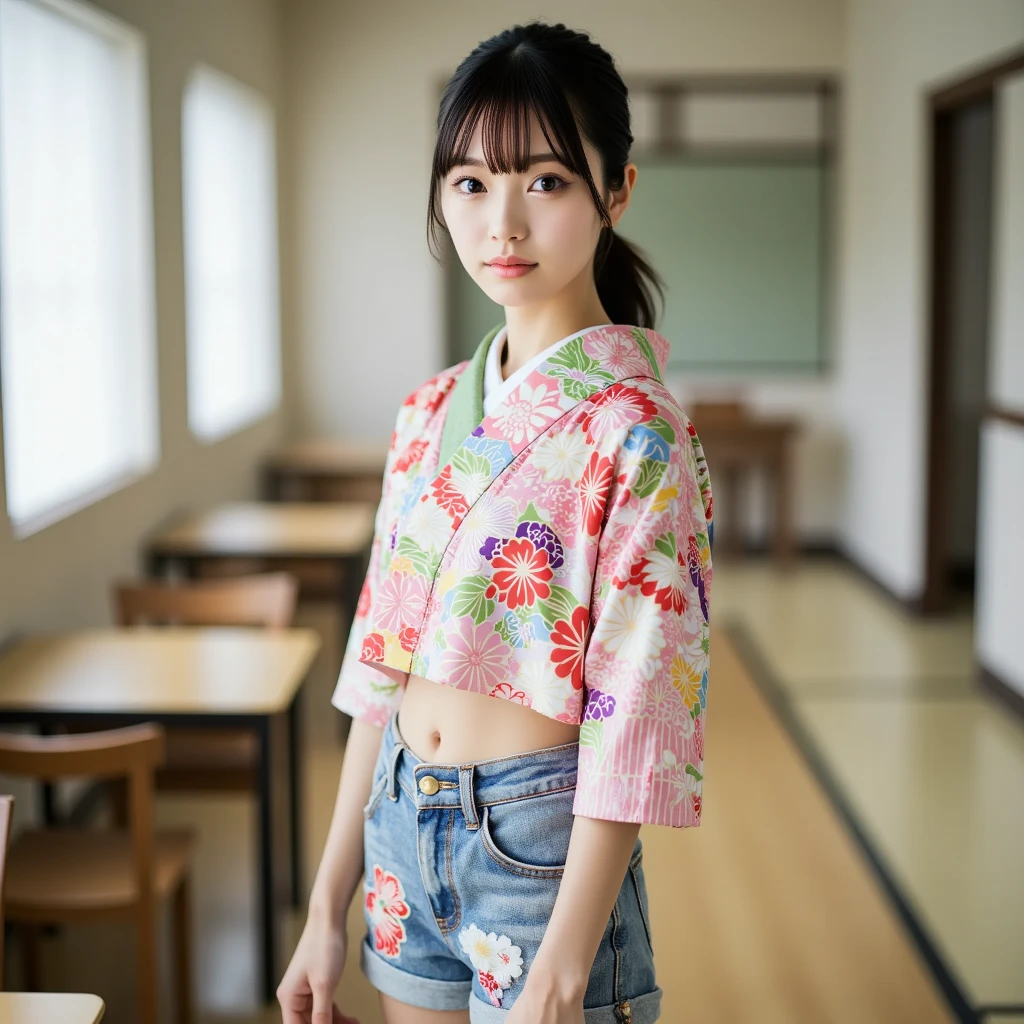 (masterpiece, best quality:1.2), 1girl, solo

A portrait of a Korean model standing in a classroom. She is wearing a pink striped crop top and denim shorts with patches on the sides. Japanese