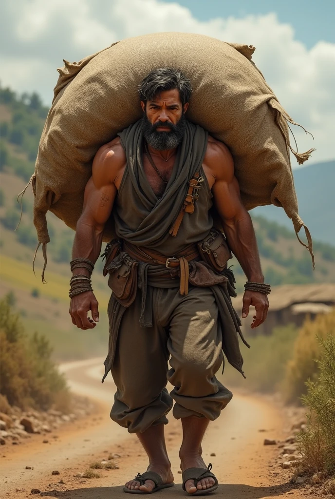 A 30-year-old Afghani man with a commanding presence, standing tall and proud against the backdrop of a rugged mountain landscape. His well-defined muscles ripple under the intense sunlight, a testament to his hardworking lifestyle and dedication to physical fitness. The man is shirtless, showcasing a chiseled torso with not a single tattoo or blemish to be seen, a stark contrast to the rough terrain surrounding him. His beard, meticulously shaved, frames a strong jawline and piercing eyes that reflect the resilience and determination characteristic of his people. The light catches the subtle sheen of sweat on his bare chest, emphasizing the contours of his physique. He stands with one hand resting on the handle of a traditional axe, symbolizing his connection to the land and the labor that has shaped him. His other hand is raised in a gentle wave, offering a warm and welcoming gesture to the viewer. The background is a blend of dusty earth and towering peaks, with a touch of vegetation struggling to survive in the arid climate. The overall composition exudes a sense of power, hospitality, and the unyielding spirit of the Afghan people.