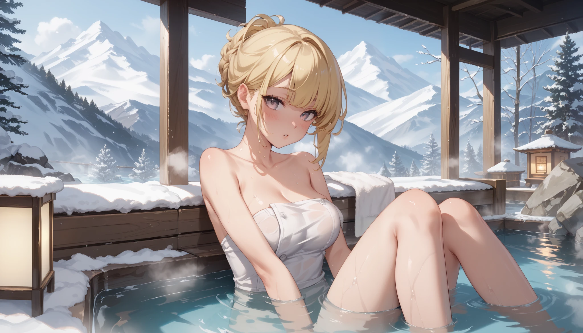 masterpiece, high resolution on the bench,Anime Art,Anime Numbers, 4k anime wallpaper,Soft Light, radiant skin, unique ,An anime girl, blush,Half of the body is in the water, blond hair, Steaming ,Gradient eyes,leg,bath towel,A distant view of a snowy mountain ,hot spring