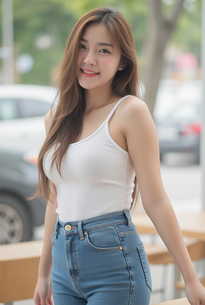   . A Korean girl with long hair   ,   Natural Brown Hair  ,   Middle chest,  smile, Saw a white tooth ,   wearing a white tank top ,,  Long blue jeans , RANDOM GESTURES, stand ,   daylight   ,   daylight   , there in a cafe    ,chubby model