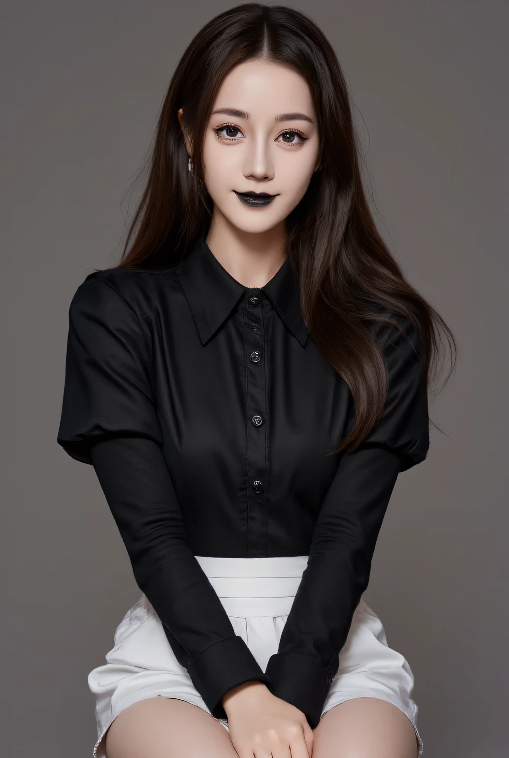 a waitress , sitting facing forward, whole body visible , cross-legged , use black strict waitress uniform, white apron, long hair , lips using black lipstick, smiling beautiful ,