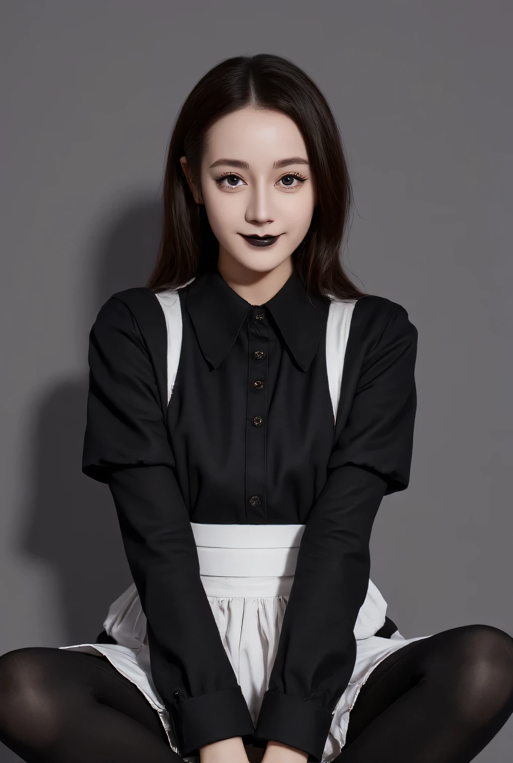 a waitress , sitting facing forward, whole body visible , cross-legged , use black strict waitress uniform, white apron, long hair , lips using black lipstick, smiling beautiful ,