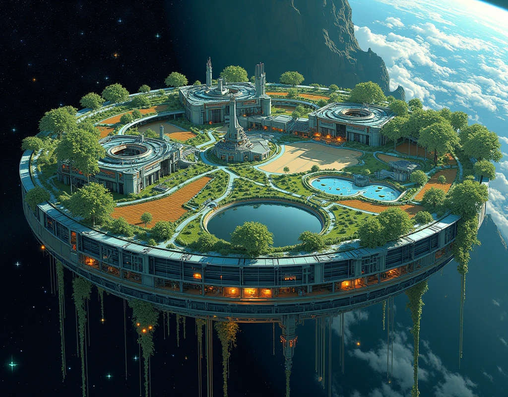 A breathtaking view of a futuristic space colony, designed as a massive globalize structure floating in the cosmos. The interior of the platform reveals a meticulously planned colony with lush green areas, shimmering lakes with sport stadium, and agricultural zones. (small vehicles floating:2.4), emphasizing the scale and grandeur of the structure, with high dynamic range to balance the bright interior with the dark vacuum of space. backdrop: long distance is earth