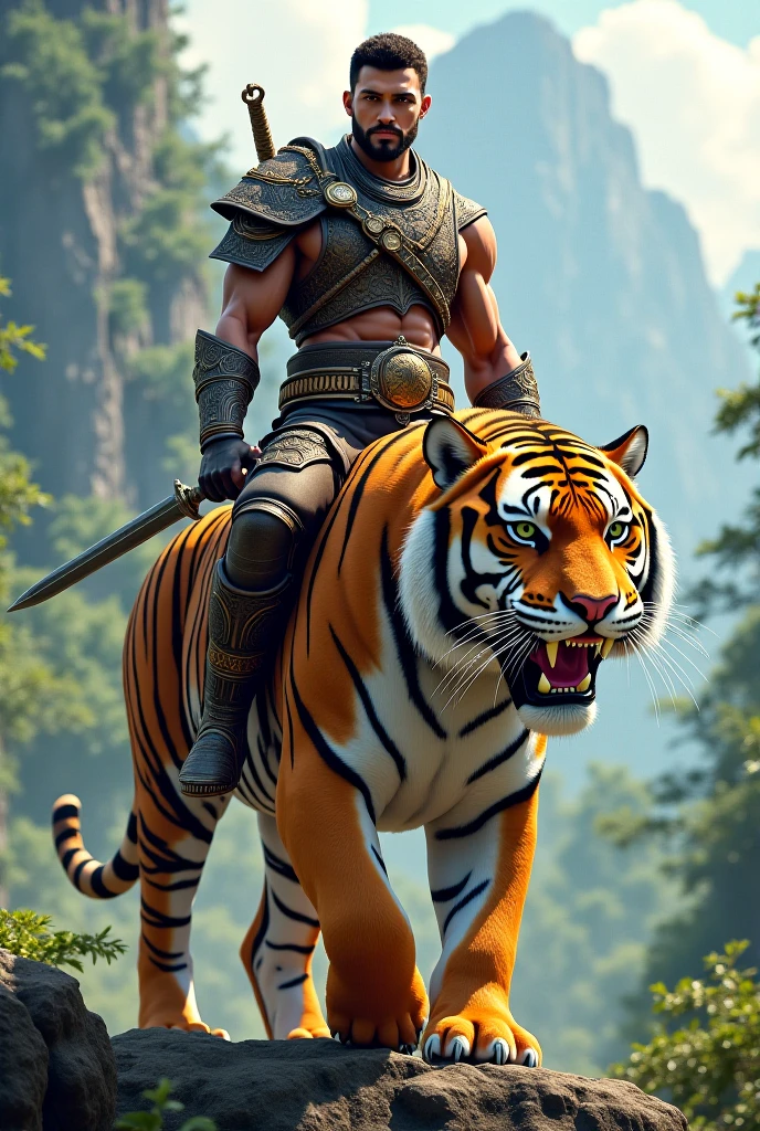 Muscular Korean man riding a tiger
