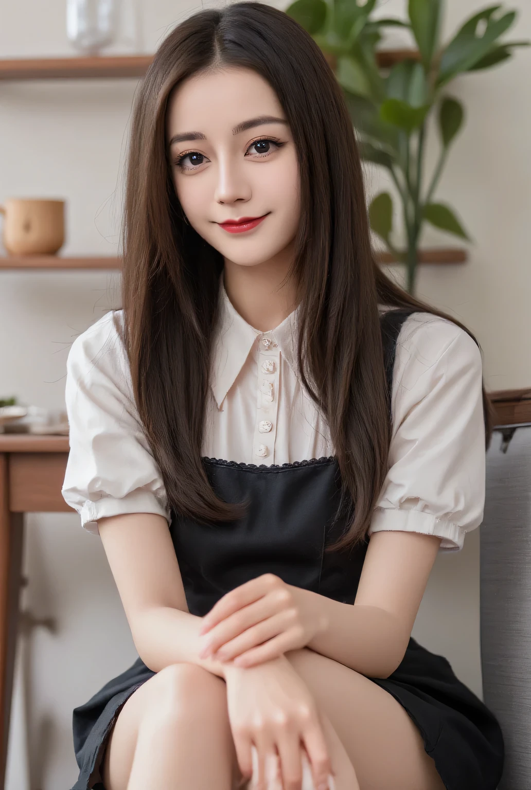 a waitress , sitting facing forward, whole body, cross-legged , using a black waiter uniform, white apron, long hair , lips using dark red lipstick, smiling beautiful ,