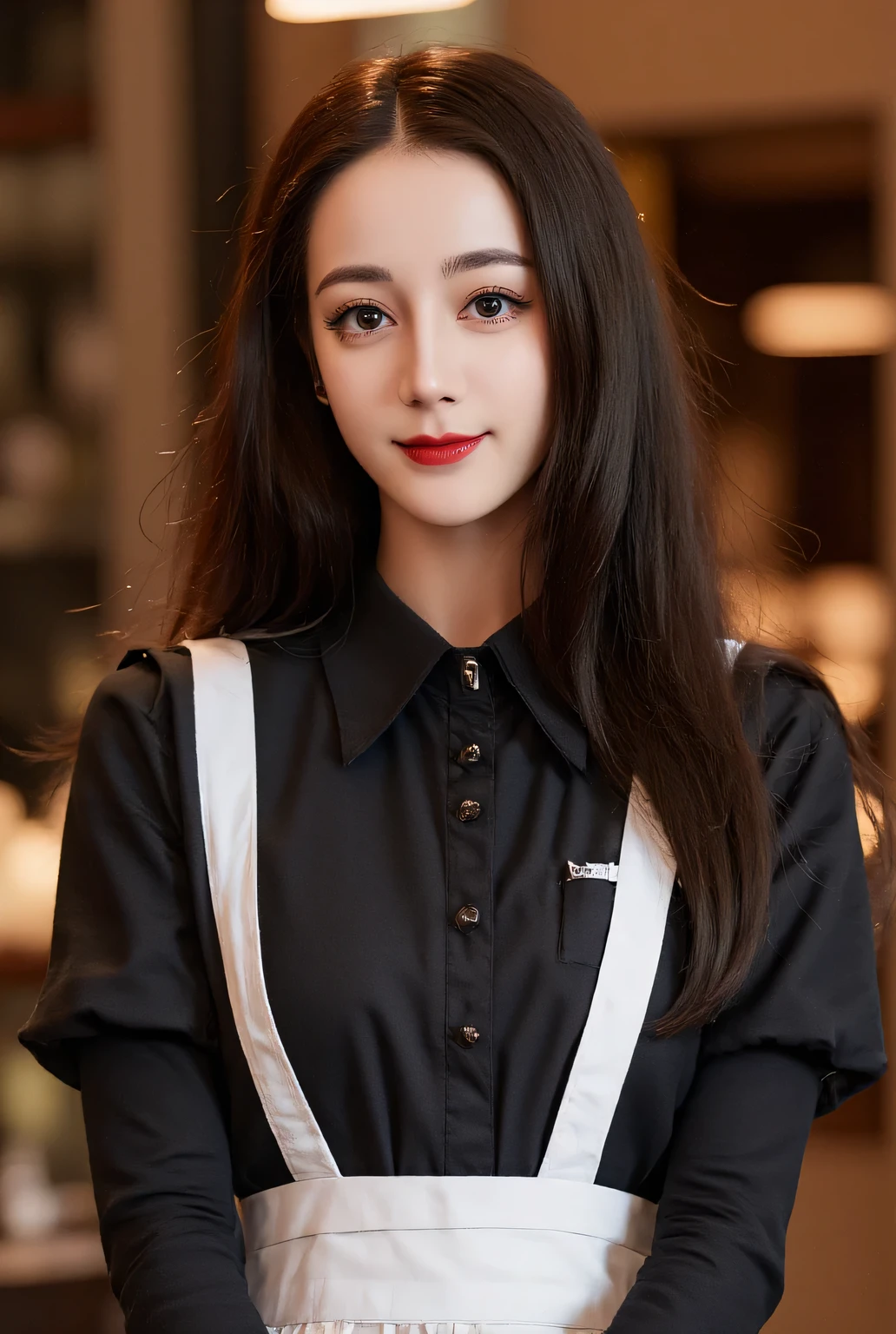 a waitress , standing facing forward, whole body, cross-legged , using a black waiter uniform, white apron, long hair , lips using dark red lipstick, smiling beautiful ,