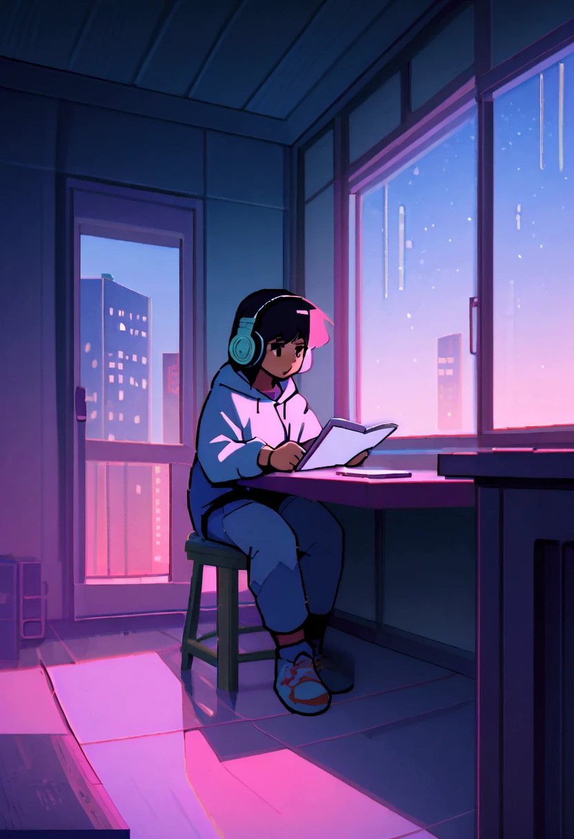 (zero), asian big male teenager wearing diapers studying in room, short black hair, brown eyes, Reading a book, Wear headphones, ,night lighting, Neon scenery on a rainy day,Analog Color Theme, Lo-fi Hip Hop , review, flat, 2.5D ,Draw a line, Ink painting, Large slope, Watercolor, Goosh Colors, Studio Ghibli style, Great colorful, Outerton, Synthwave, Lofi Art,90s Style,Old Texture, amplitude,90s vibe, Tabletop, Great technology,