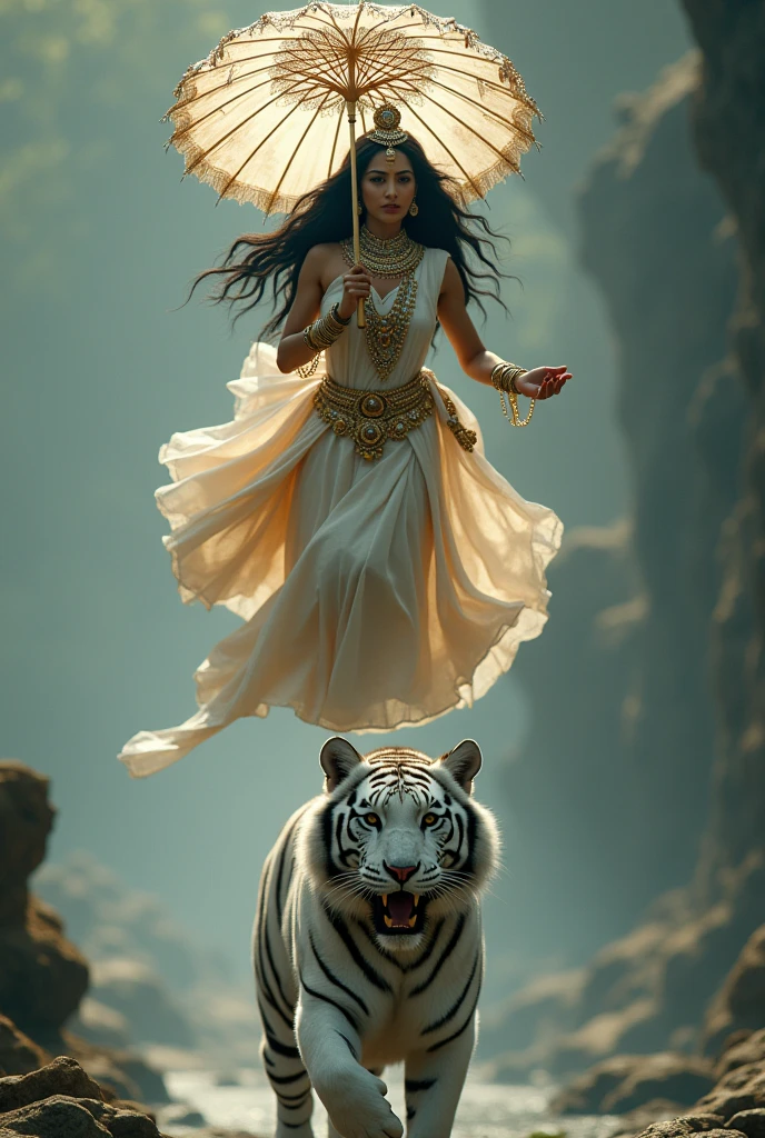 Photoshot of a beautiful woman wearing a red and white dress wearing a mah kota and wearing wings and holding a long cloth. Dancing on a fallen tree under a beautiful waterfall and accompanied by a white tiger