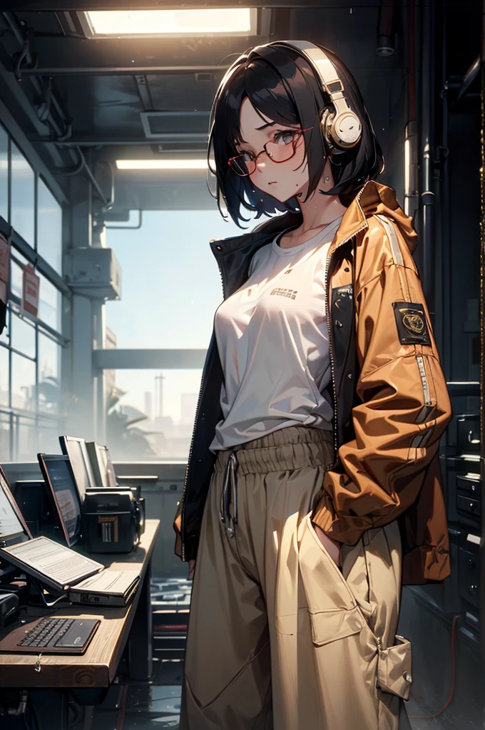 (best quality, masterpiece), (beautiful body, small breast), cinematic lighting, 1girl, (glasse), headphone, desert, (oversized clothes, over baggy pants), military wear), wet shirt, sweat, jacket on shoulders, mechanical parts, upper body,