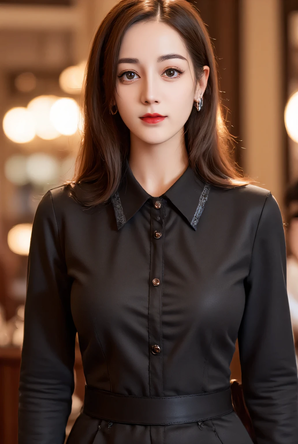 a waitress , standing facing forward, whole body, using a black waiter uniform, white color lace , Black long skirt, long hair , lips using dark red lipstick, smiling beautiful , very tempting,