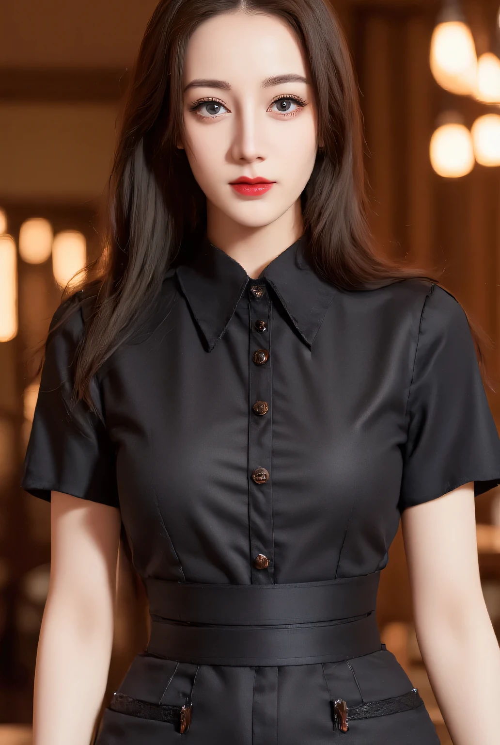 a waitress , standing facing forward, whole body, using a black waiter uniform, white color lace , Black long skirt, long hair , lips using dark red lipstick, smiling beautiful , very tempting,