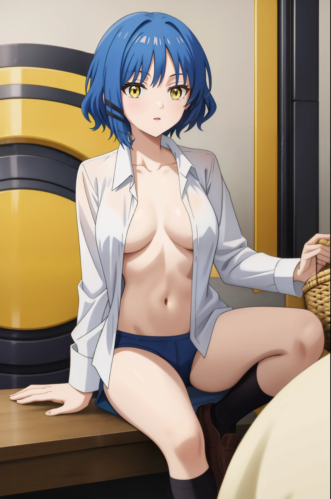  Anime with short blue hair and yellow eyes, !!  open shirt showing breasts.