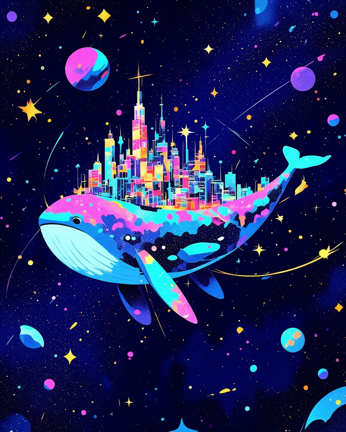 Scratchboard, there is a cartoon whale-shaped space colony that is floating in the universe, A magical whale in space with a city on its back, galaxy whale, super cute, Fascinating colorful universe,  Rainbow Universe. in style of cyril rolando, cyril rolando and goro fujita, Scratch Art, dreamy illustration, sparkle, Iridescent glow. 
2d, Juaner_illustration