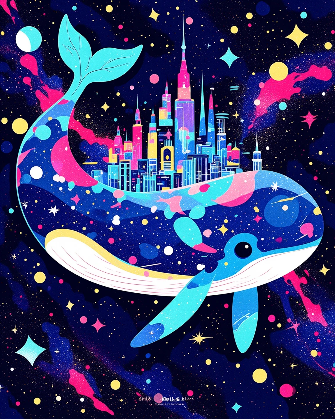 Scratchboard, there is a cartoon whale-shaped space colony that is floating in the universe, A magical whale in space with a city on its back, galaxy whale, super cute, Fascinating colorful universe,  Rainbow Universe. in style of cyril rolando, cyril rolando and goro fujita, Scratch Art, dreamy illustration, sparkle, Iridescent glow. 
2d, Juaner_illustration