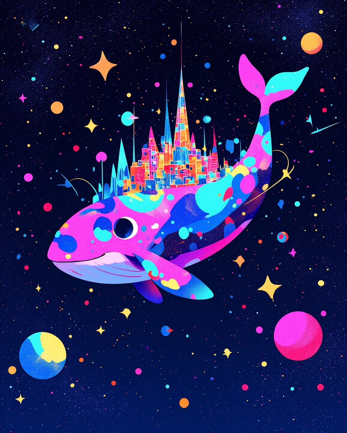 Scratchboard, there is a cartoon whale-shaped space colony that is floating in the universe, A magical whale in space with a city on its back, galaxy whale, super cute, Fascinating colorful universe,  Rainbow Universe. in style of cyril rolando, cyril rolando and goro fujita, Scratch Art, dreamy illustration, sparkle, Iridescent glow. 
2d, Juaner_illustration