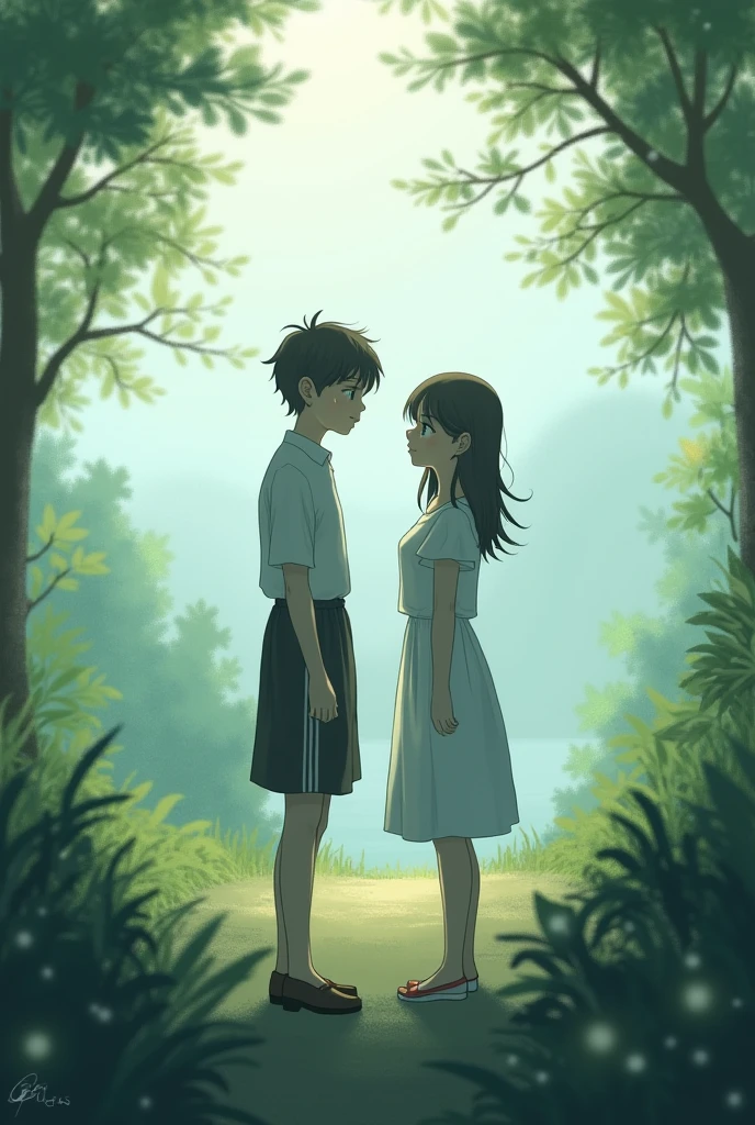 Girl by the lake, Dark brown color, light brown eyes, short, skinny, next to a boy, dark brown curly hair, green eyes, with glasses, tall, in a possessive and sexy environment 