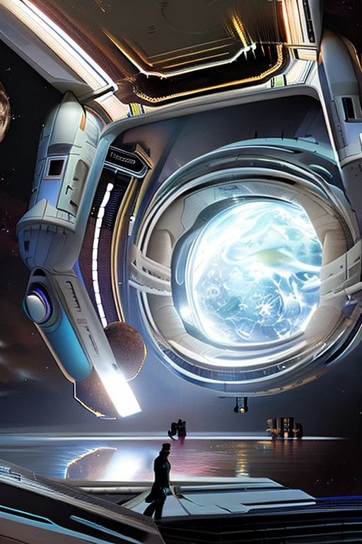 A vast space colony drifting through a cosmic nebula; the colony gleams white with a large habitation module covered with a large glass shield; multiple hydroponics, supply, science, oxygen and life support modules are interconnected; lights glow; a young girl in a spacesuit is drifting outside of the colony.
