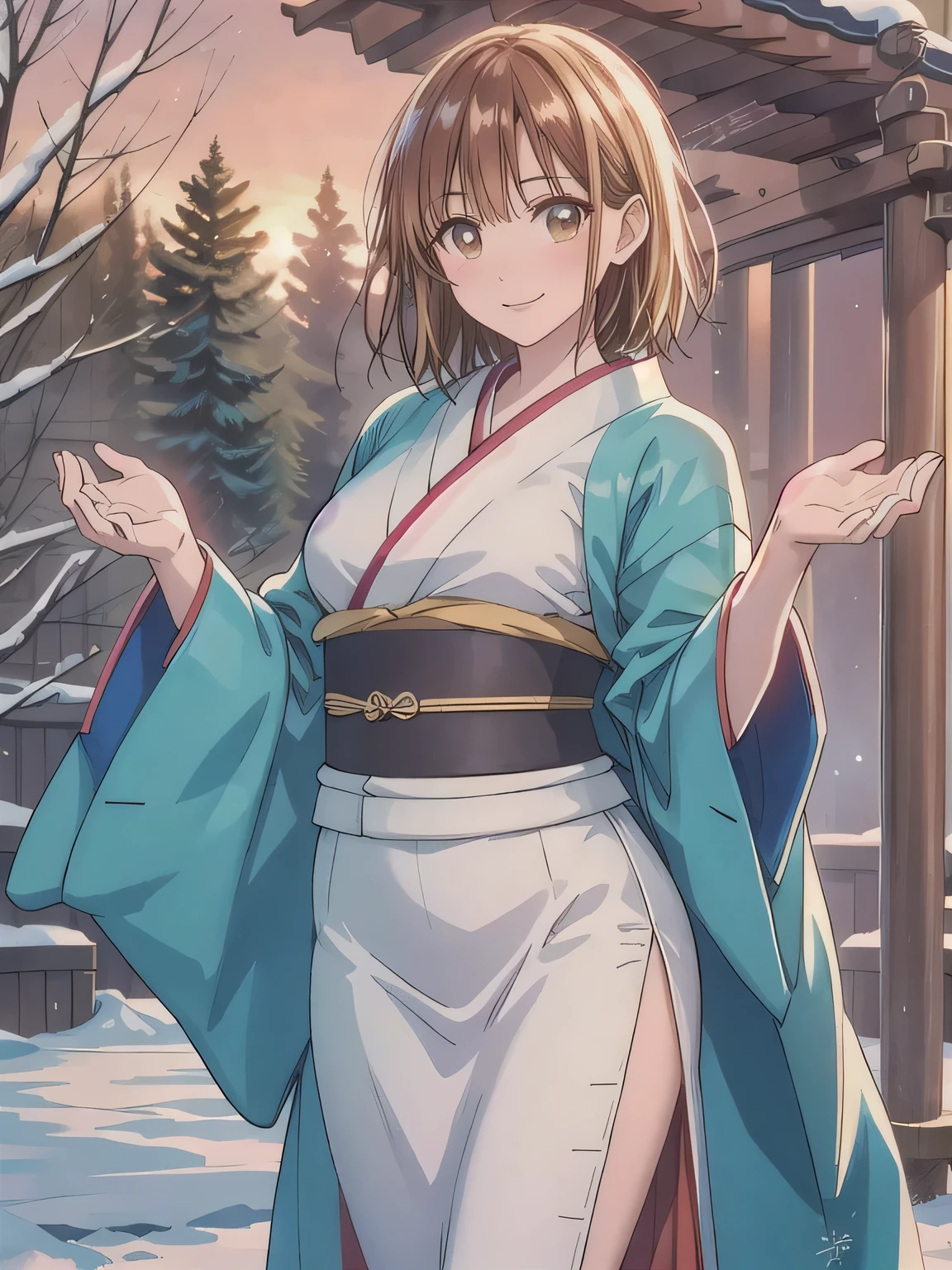 A breathtakingly beautiful 20-year-old woman with a slender physique, dressed in an elegant black and red kimono suitable for the Japanese New Year. She stands against the serene backdrop of a New Year's sunrise, featuring a traditional Japanese shrine, snow-covered grounds, and vibrant red camellias in bloom. Her gentle smile and friendly expression harmonize with the peaceful atmosphere of the snowy morning. (RAW photo, top quality, realistic, photo-realistic:1.4), (masterpiece, extremely detailed, 2k wallpaper), (Ultra Details, high res, soft light, cinematic lighting), (perfect anatomy, slender body), (extremely detailed eyes and face, beautiful nose, beautiful eyes). bangs, brown eyes, Brown Bob。