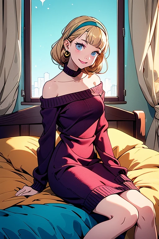 (from below:1.1),(masterpiece), (best quality), ultra-detailed, very aesthetic, sharp focus, depth of field, vibrant colors, ray tracing, best lighting, detailed illustration, detailed background, cinematic, beautiful face, beautiful eyes, 1girl, lying on bed, medium hair with blonde highlights, blue eyes, sidelocks, hairband, earrings with jewelry, off shoulder sweater dress, arms behind back:0.4, air plant, long hair with long locks, gold hairband, off-shoulder dress, sweater dress, off-shoulder sweater, red sweater, big side hair, very long side hair,(super delicate floral pattern:1.2),seductive cleavage:1.3,  big smile, sitting in a large christmas present box, cafeterace background, head tilt, arched back, leaning back, from the side, colored inner hair, multicolored hair, two-tone hair, turquoise hair, long hair, braided hair,(with sparkling eyes and a contagious smile),her thin pubic hair, looking at viewer,
