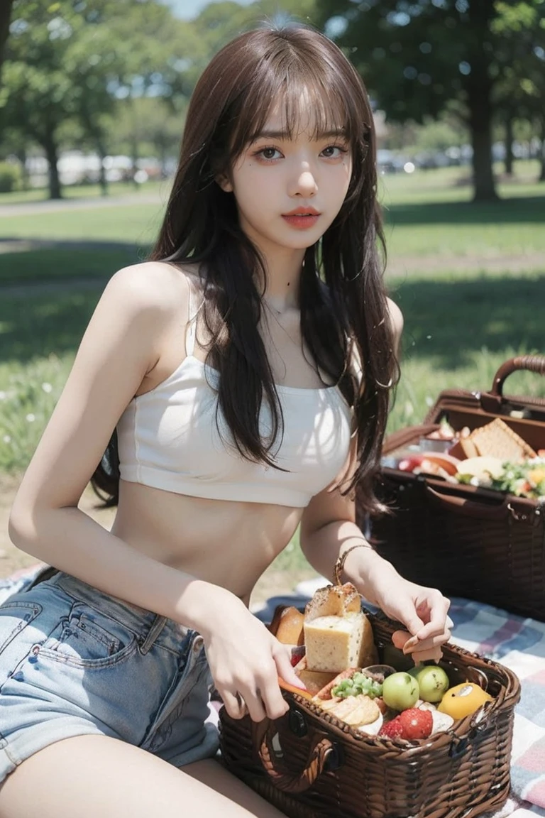 21yo girl, long hair, picnic,