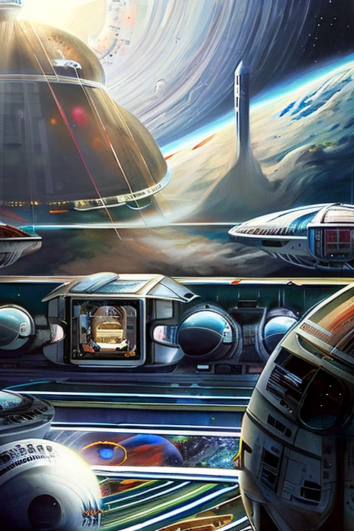 A 1980s oil painting of a  vast space colony drifting through a cosmic nebula; the colony gleams white with a large habitation module covered with a large glass shield; multiple hydroponics, supply, science, oxygen and life support modules are interconnected; lights glow; a young girl in a spacesuit is drifting outside of the colony.